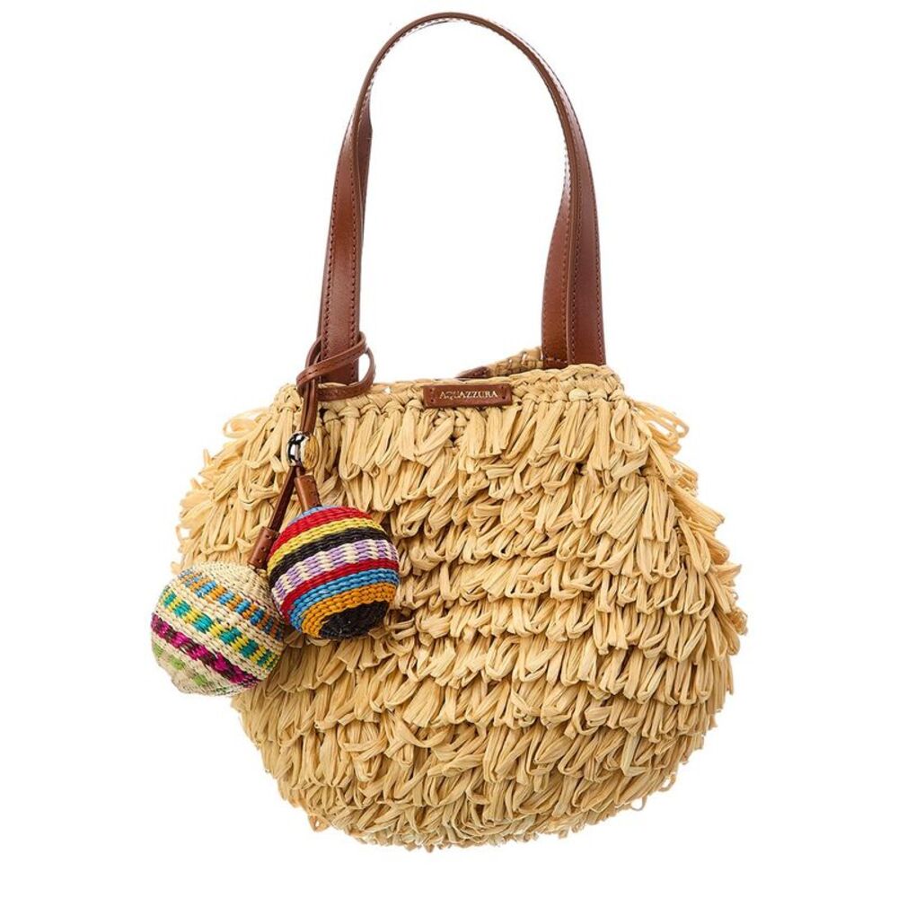 Aquazzura Pompom Mini Raffia & Leather Tote, Brown